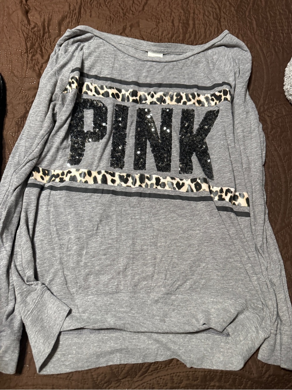 PINK Victoria's Secret Gray Top with Leopard Trim
